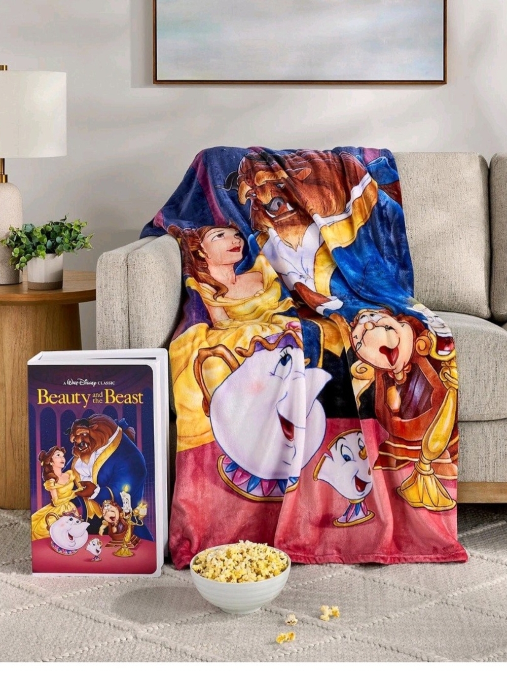 VHS Disney Beauty and the Beast Plush Throw Blanket - Blue, Yellow, Red